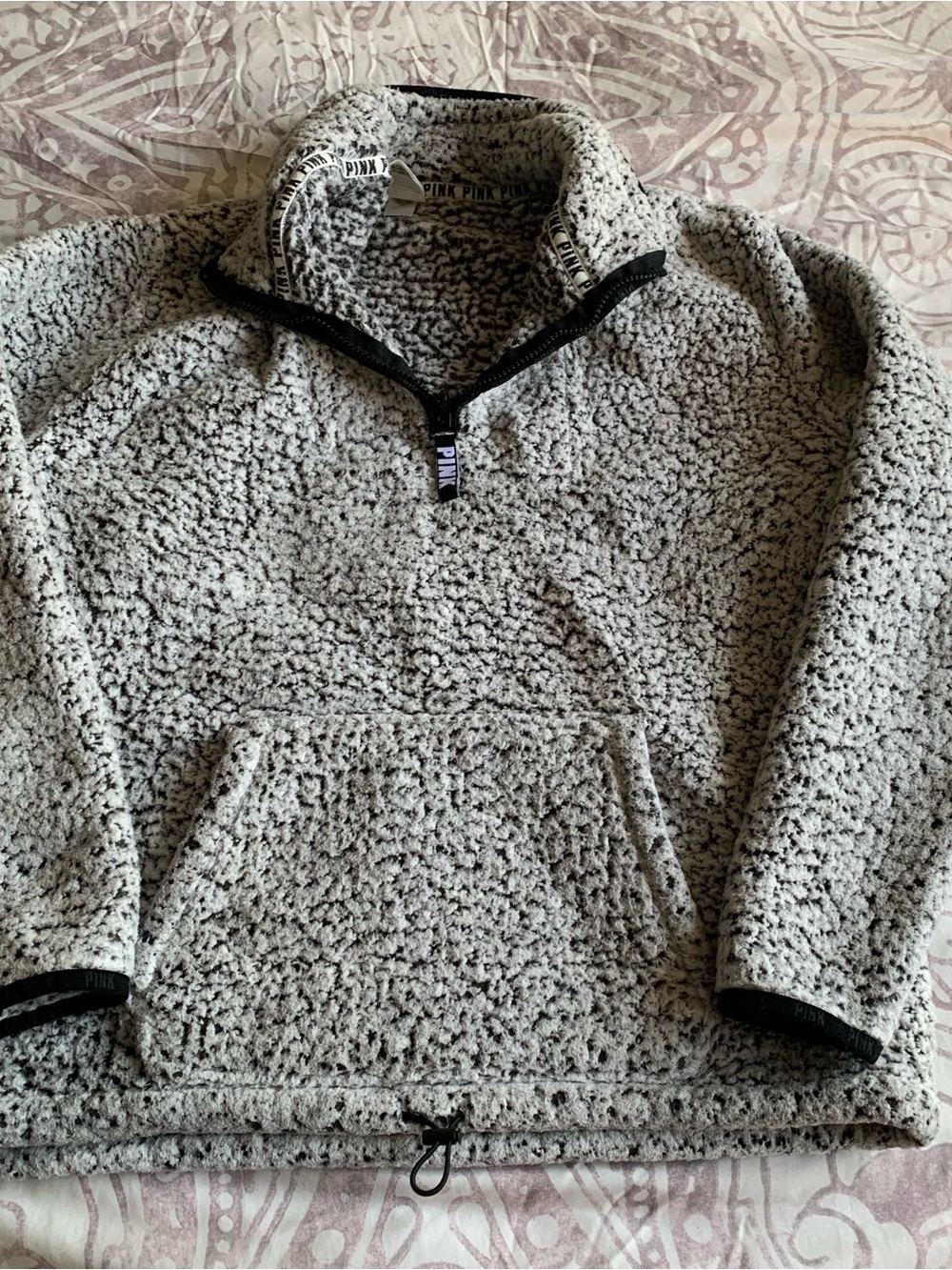 PINK Victoria's Secret Gray Sherpa Half-Zip Pullover with Black Trim